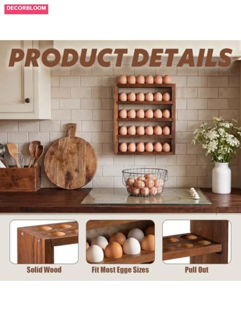 Wooden Egg Holder 60 Capacity, 5 Tier Countertop or Wall Mounted, Rustic